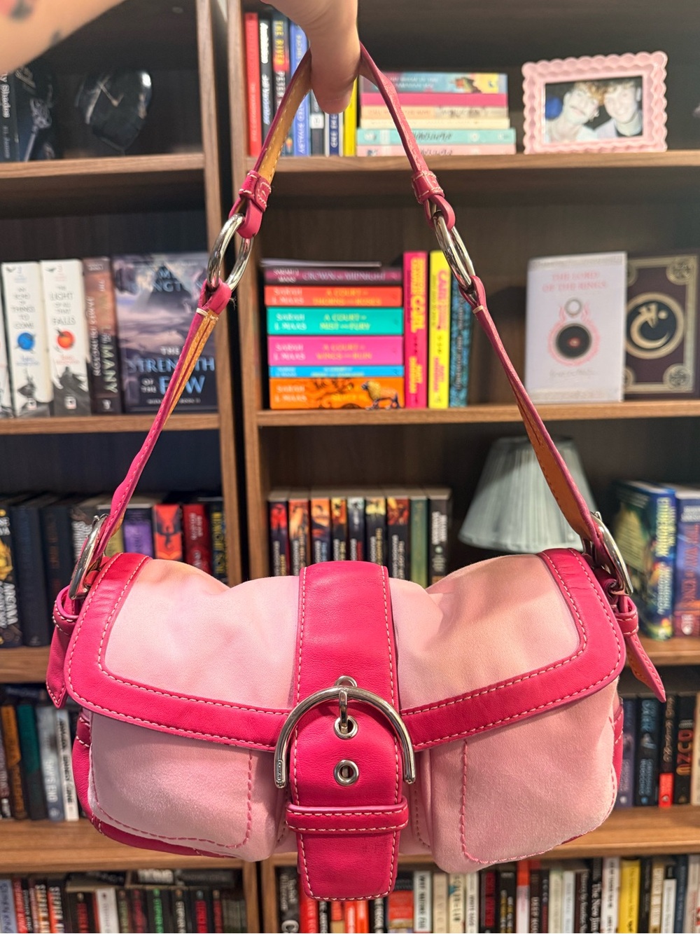 Authentic Vintage Coach Soho Shoulder Bag in a pink satin and leather colorway